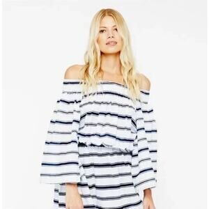 Faithfull the Brand Striped Off the Shoulder Mini Dress SZ 2 White Navy Coastal